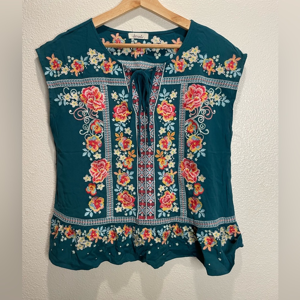 Faveur Women’s Teal Floral Embroidered Tie-Front Blouse Size Large Boho